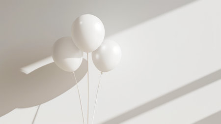 Aesthetic light background with three white balloons. Greeting anniversary card concept. Copy space. Generative AI.の素材