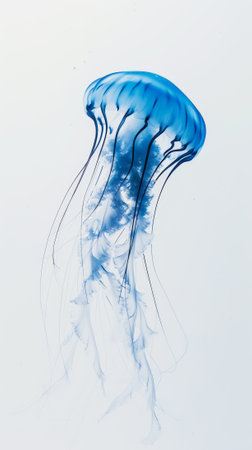 Aesthetic light blue jellyfish floating against light backdrop. Ocean ecosystem concept. Generative AI.の素材