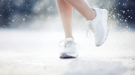 Close-up of female legs in sneakers running and kicking snow. Snowy weather concept. Light colour palette. Generative AI.の素材