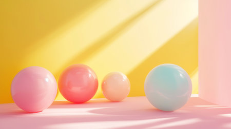 Aesthetic pink and yellow background with spheres of different sizes. Sun rays. Trendy product concept. Generative AI.の素材