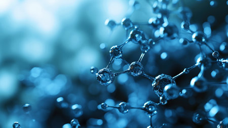 Scientific backdrop. Molecular structure at atomic level. Dark blue background. Medical technology concept. Generative AI.の素材