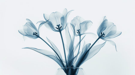 Aesthetic botanical x-ray of tulips in a vase. Harmonious forms. Minimalism concept. Light color palette. Generative AI.の素材