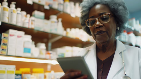 Senior American African female pharmacist using tablet in drug store. Healthcare insurance concept. Generative AI.の素材