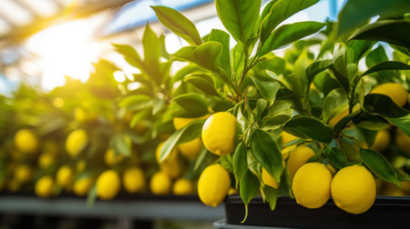 Ripe yellow lemons growing on tree in greenhouse. Generative AI.の素材