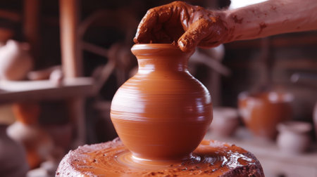 Close-up of a potter's hands making a ceramic vase on a potter's wheel. Pottery workshop with clay. Generative AI.の素材