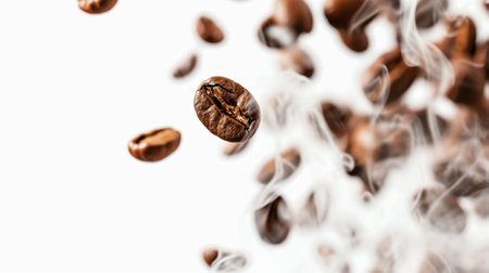 Roasted coffee beans floating on white background with white smoke. Coffee shop concept. Generative AI.の素材