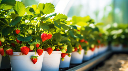 Rows of fresh strawberries grown in greenhouses. Organic agriculture concept. Generative AI.の素材