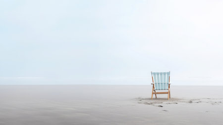 Lonely chair on white sand of tranquil beach of sea covered with mist. Generative AI.の素材
