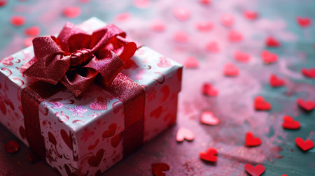 Elegant gift box with red ribbon. Girly pink background with hearts. Romantic gifts concept. Generative AI.の素材