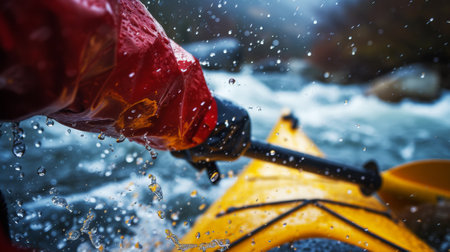 Man in kayak with paddle. Back view. Splashes of water of mountain river. Extreme kayak sport concept. Generative AI.の素材