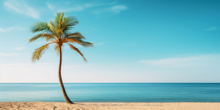 Palm on a sunny tropical sea shore under turquoise sky. Vacation concept. Generative AI.の素材