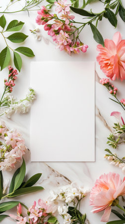 Stylish blank paper card mockup with spring flowers and petals. Luxury greeting card design concept. Generative AI.の素材