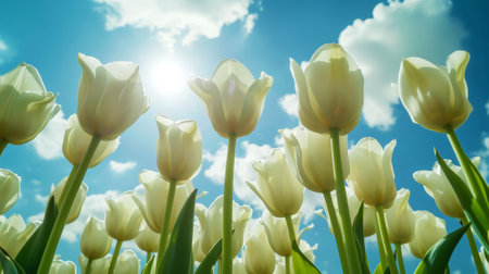 Close-up of white tulips field against blue sky background. Spring landscape concept. Generative AI.の素材