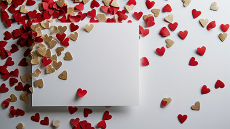 Aesthetic blank paper card mockup with red heart-shaped confetti. Luxury greeting card design concept. Generative AI.の素材