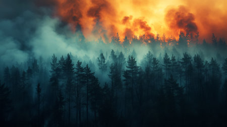 Wild forest fire. Burned trees after forest fires, lots of smoke. Natural disasters concept. Generative AI.の素材