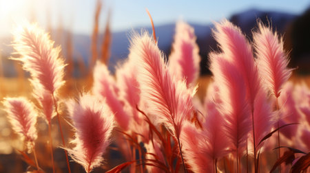 Close up of pampas grass plumes soft and fluffy on a field with sunshine. Generative AI.の素材