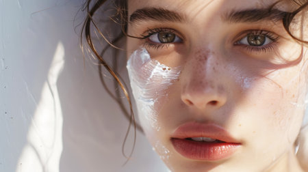 Close-up of young caucasian girl with aesthetic rough smear of face cream. Light background with sun rays. Generative AI.の素材