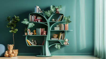 Children's interior with tree-shaped bookshelves. Storage concept. Pastel green colors. Generative AI.の素材