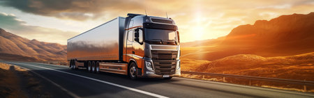 Panoramic view on large truck on a highway road through the countryside in a beautiful sunrise. Generative AI.の素材