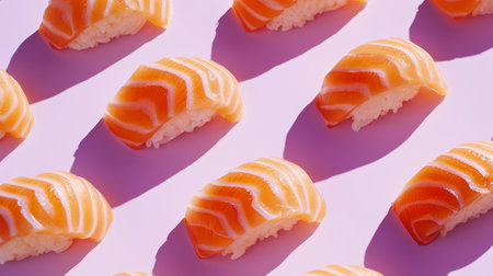 Flat lay of fresh salmon nigiri pattern. Pastel violet background. Asiatic cuisine.Aesthetic food concept. Generative AI.の素材