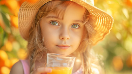Portrait of small girl in hat with a glass of freshly squeezed orange juice. Orange garden background. Generative AI.の素材