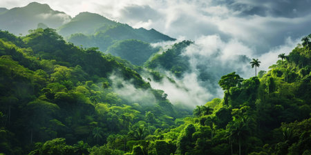 Tropical green mountains with mist. Cloudy foggy sky backdrop. Generative AI.の素材
