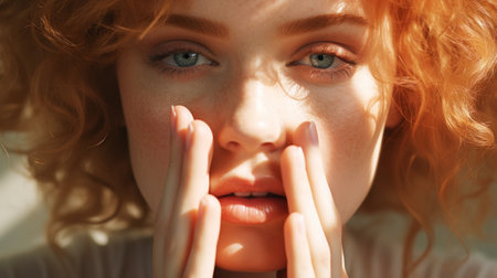 Close up of a red-haired woman touching her face with hands. Light colour palette. Natural beauty concept. Generative AI.の素材