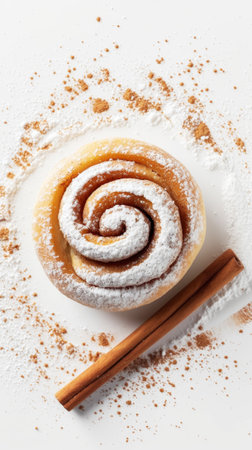 Freshly baked cinnamon bun roll with sugar and flour. Aesthetic food advertising concept. Generative AI.の素材