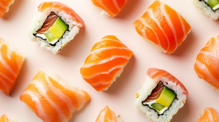 Delicious fresh salmon nigiri and sushi rolls. Light background. Asiatic cuisine. Aesthetic food concept. Generative AI.の素材