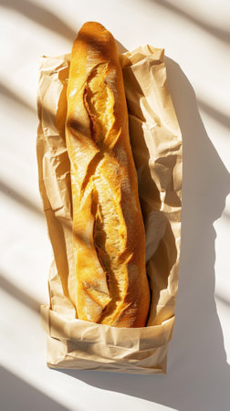 Top view of crispy baguette in paper bag against white background with aesthetic shadows. Bakery concept. Generative AI.の素材