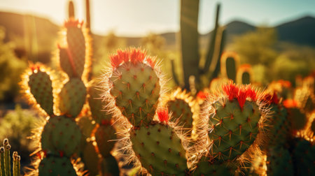 Close-up of different cacti against a desert background. Sweltering heat. Desert landscape. Generative AI.の素材