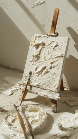 Aesthetic chaos. Easel, rough strokes of paint, opened paint tubes, brushes, white pastel colour palette. Generative AI.の素材