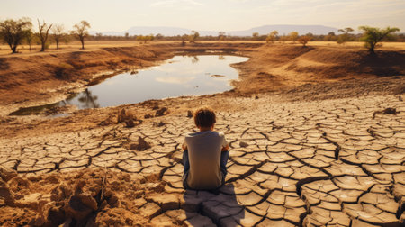 Small boy sits on cracked ground near a dry river. Drought concept. Water crisis and arid environment. Generative AI.の素材
