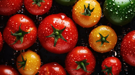 Different varieties of fresh juicy organic tomatoes. Vegetable background. Healthy eating concept. Generative AI.の素材