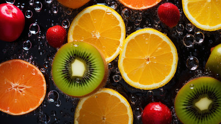 Variety of fresh juicy tropical fruits background. Splash of vitamins. Healthy and tasty diet. Generative AI.の素材