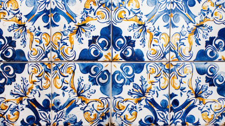Vintage traditional tile background. Blue azulejos floral pattern. Generative AI.の素材