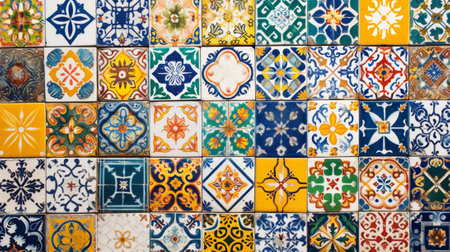 Vintage traditional tile background. Colourful azulejos pattern. Generative AI.の素材