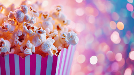Delicious popcorn spilled from a pink striped cardboard box on a pastel glitter bokeh background. Copy space. Generative AI.の素材