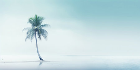 One lonely palm tree on a white beach. Calm sae with mist. Tranquil seashore landcsape. Generative AI.の素材