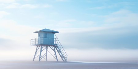 Lifeguard Tower in a white mist on a beach of seaside. Lonely landscape with watchtower. Generative AI.の素材