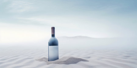 Wine bottle in a white desert sand. White mist around. Serene landscape. Generative AI.の素材