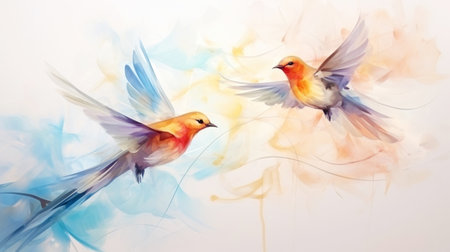 Couple of birds transparent watercolor, pastel color pallet. Luxury background. Generative AI.の素材