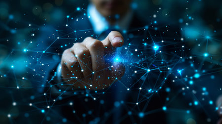 Businessman touching virtual display to connect digital software of network services. Digital future. Generative AI.の素材