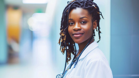 Smiling young African American woman doctor with dreadlocks. Medicine service and health care concept. Generative AI.の素材
