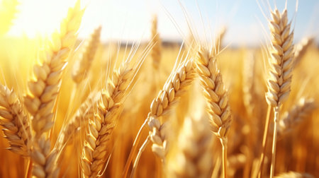 Close up of ripe golden wheat ears, field of wheat in a summer day, sun flare. Harvesting period. Generative AI.の素材
