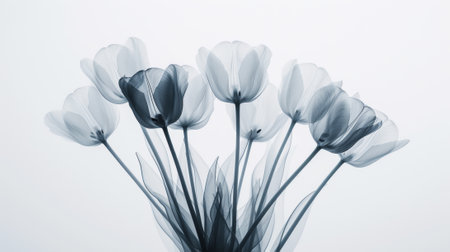 Aesthetic botanical x-ray of tulips in a vase. Harmonious forms. Minimalism concept. Light color palette. Generative AI.の素材