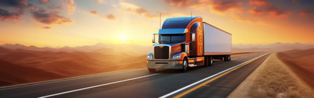 Panoramic view on large truck on a highway road through the countryside in a beautiful sunrise. Generative AI.の素材