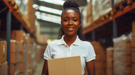 Smiling American African courier woman holding box against the background of warehouse. Delivery concept. Generative AI.の素材