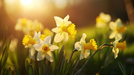 Close-up of yellow daffodil flowers blooming in spring. Bokeh sunny background. Spring landscape concept. Generative AI.の素材