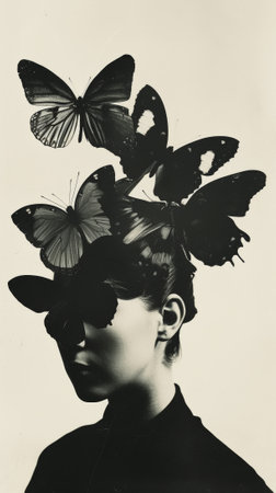 Trendy fashion magazine cover with a woman with butterflies on head and face. Black and white. Modern Art. Generative AI.の素材